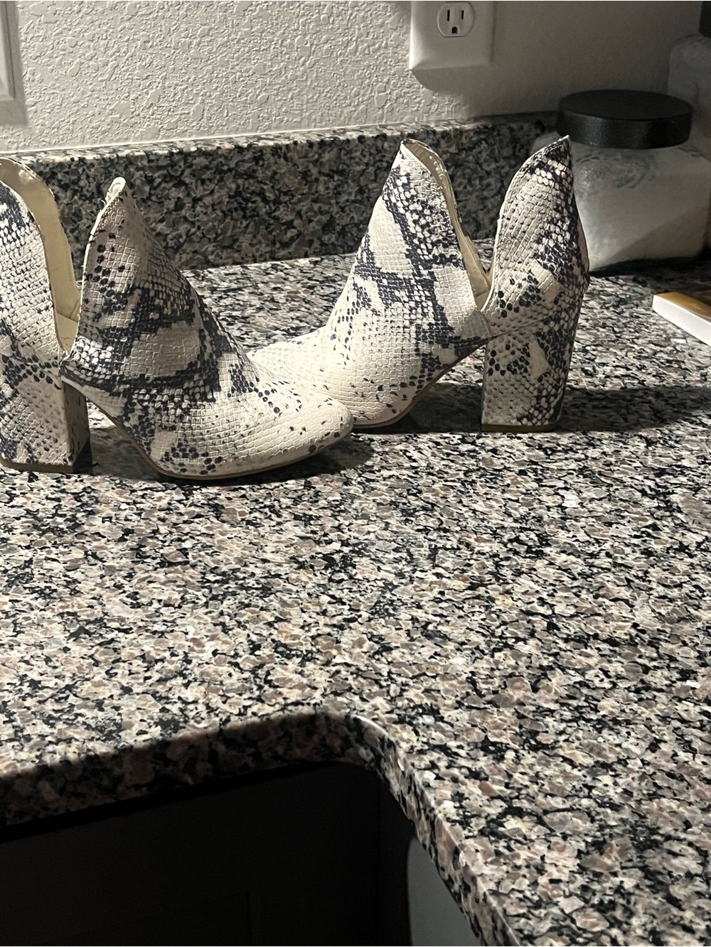 Snake-Print Block Heel Ankle Booties in Cream and Black